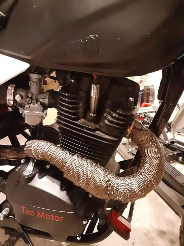 TBR7 motorcycle exhaust wrap installed.