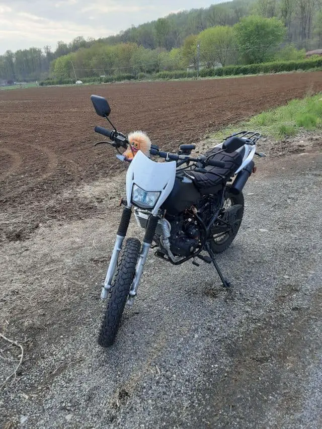 TaoTao TBR7 motorcycle in front of farm.