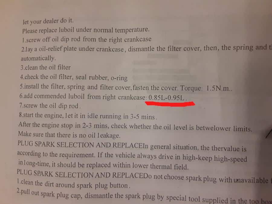 Boom Vader Owner's Manual Oil Capacity Page.