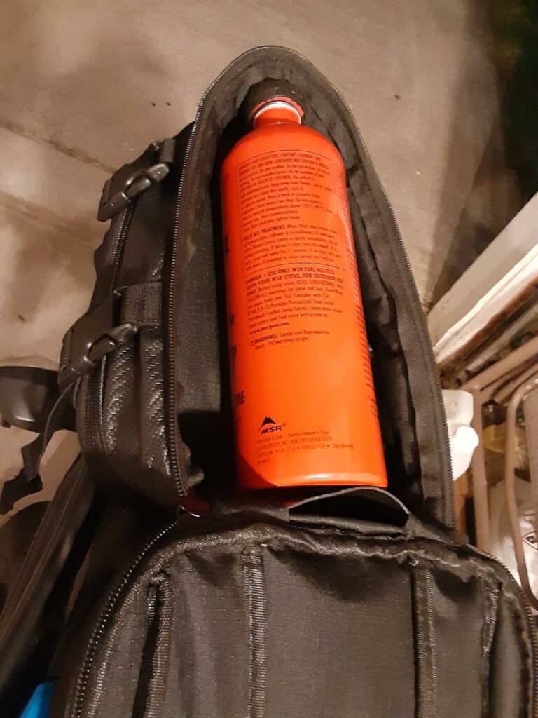 Sizing fuel bottle for new motorcycle tail bag.