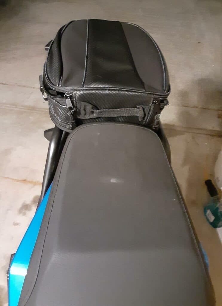 Motorcycle tail bag installed on Boom Vader, top view.