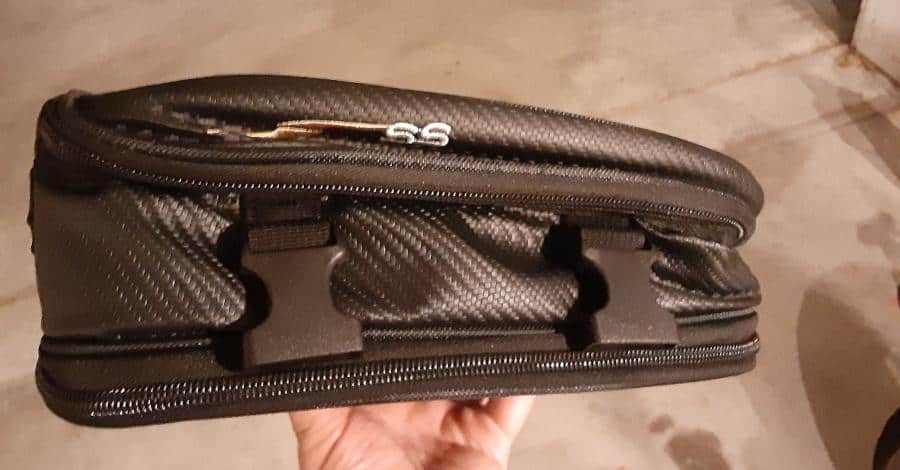 Small motorcycle tail bag side view.