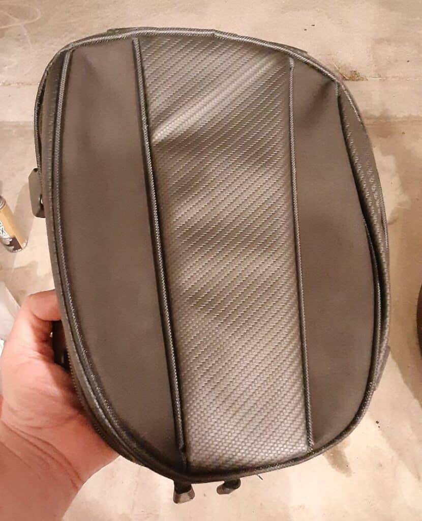 Small motorcycle tail bag top view.