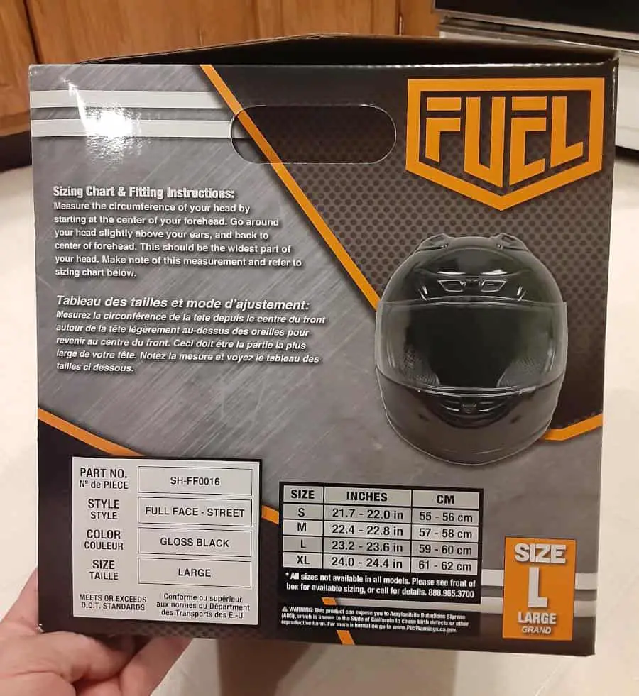 Fuel helmet box with helmet sizes.