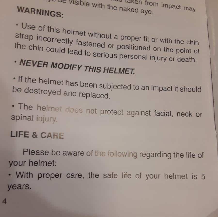 Fuel Full-Face Motorcycle Helmet manual with a 5 year life expectancy with proper care.