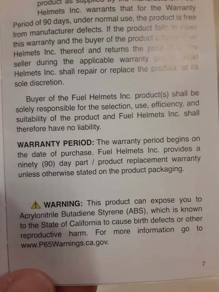 Fuel Helmet 90 day warranty section of manual.