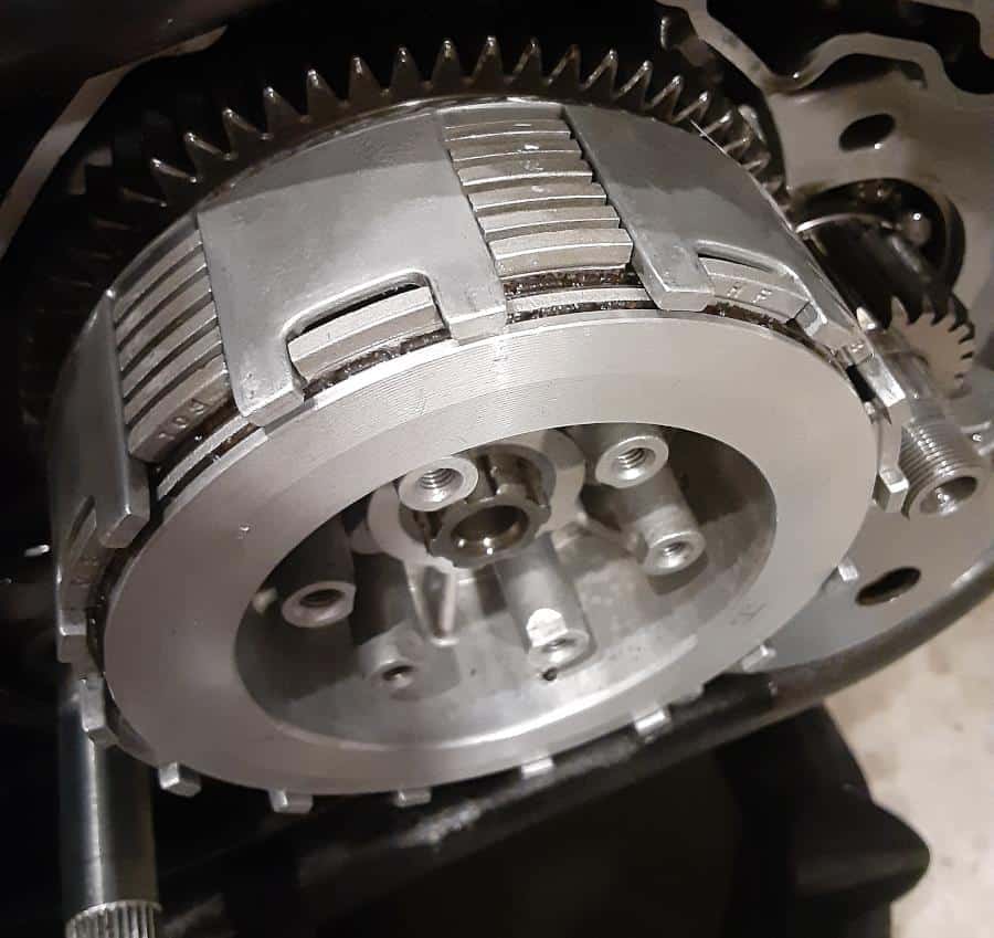 Motorcycle clutch pack inserted into the clutch basket.
