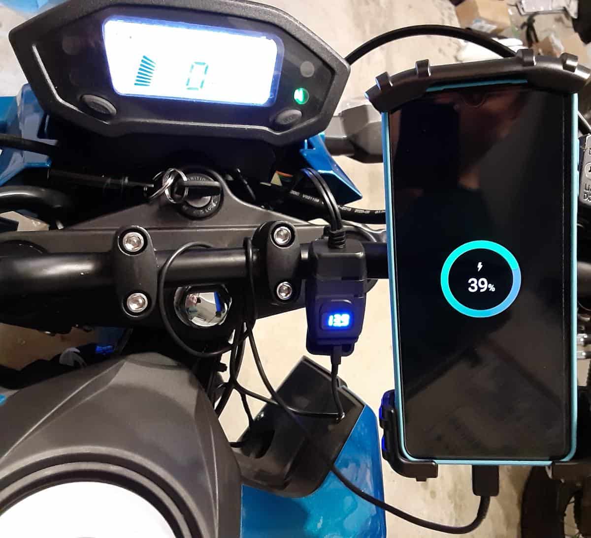 Boom Vader motorcycle with new USB cell phone charger installed.