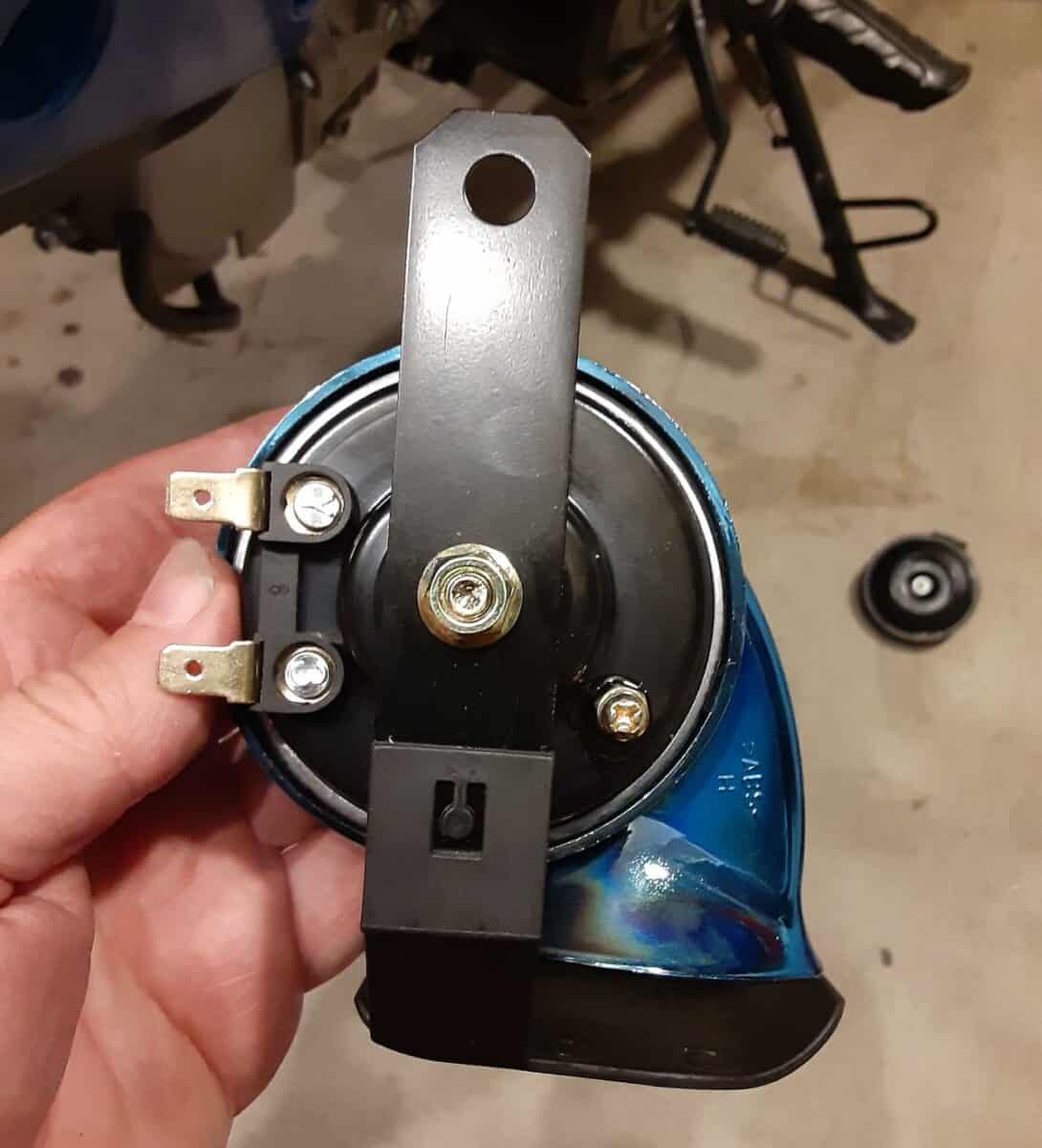 Assembled motorcycle horn upgrade.