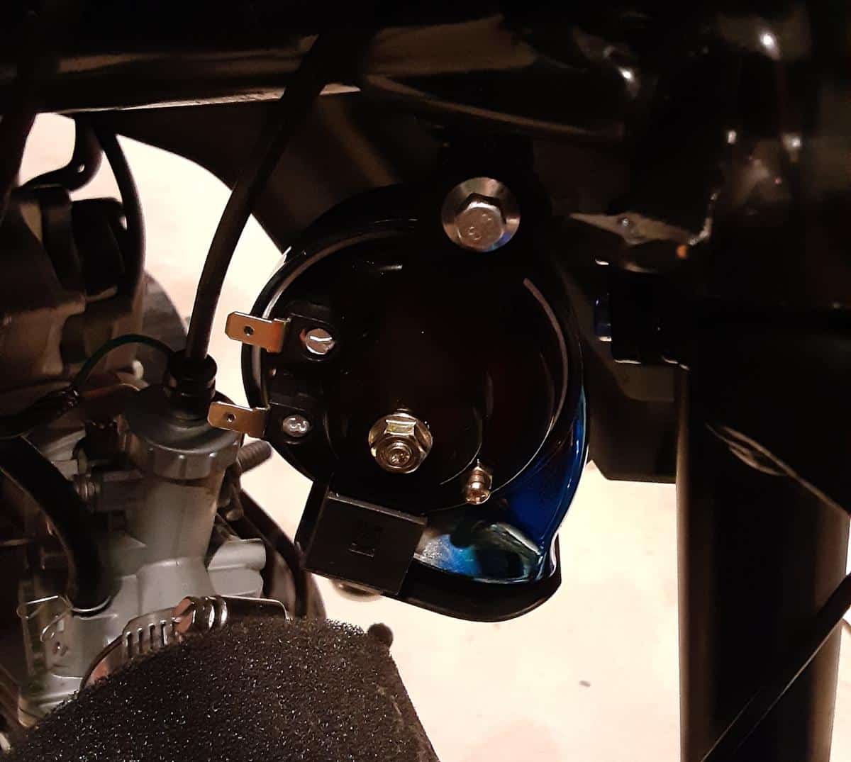 New motorcycle horn upgrade mounted to bike's frame.