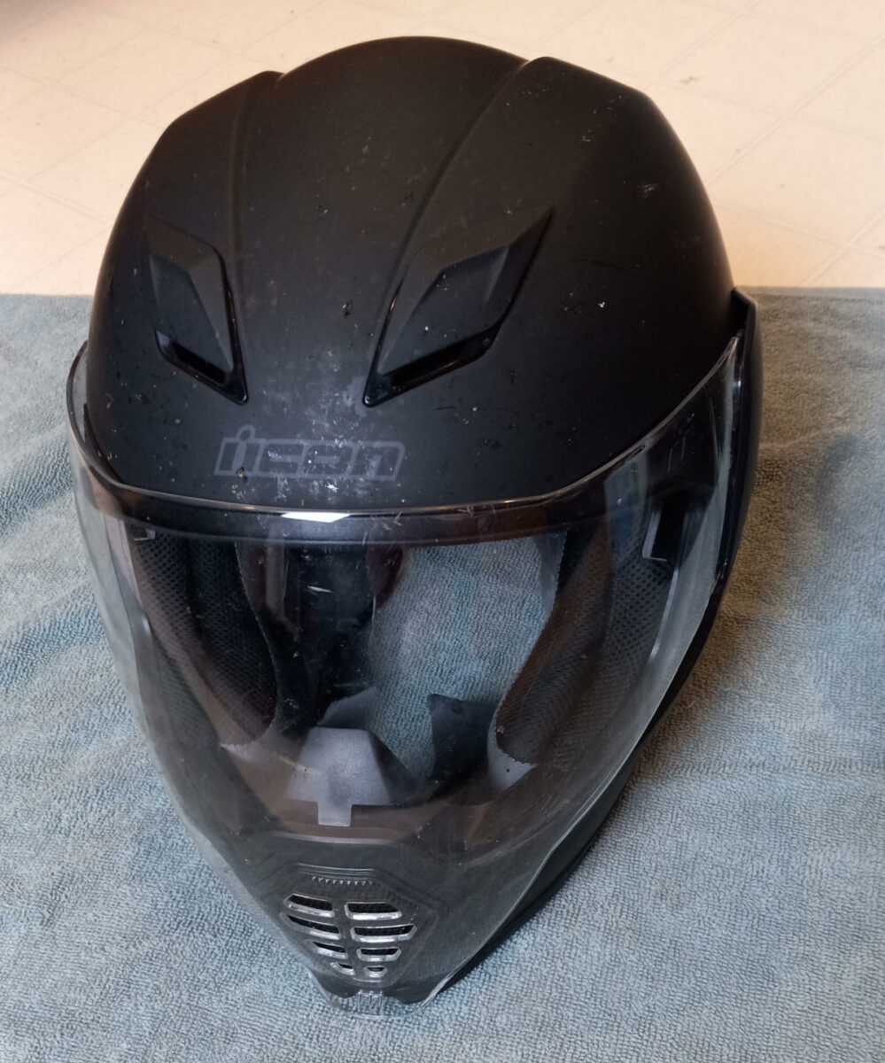 My well used dirty Icon AirFlite Motorcycle helmet.