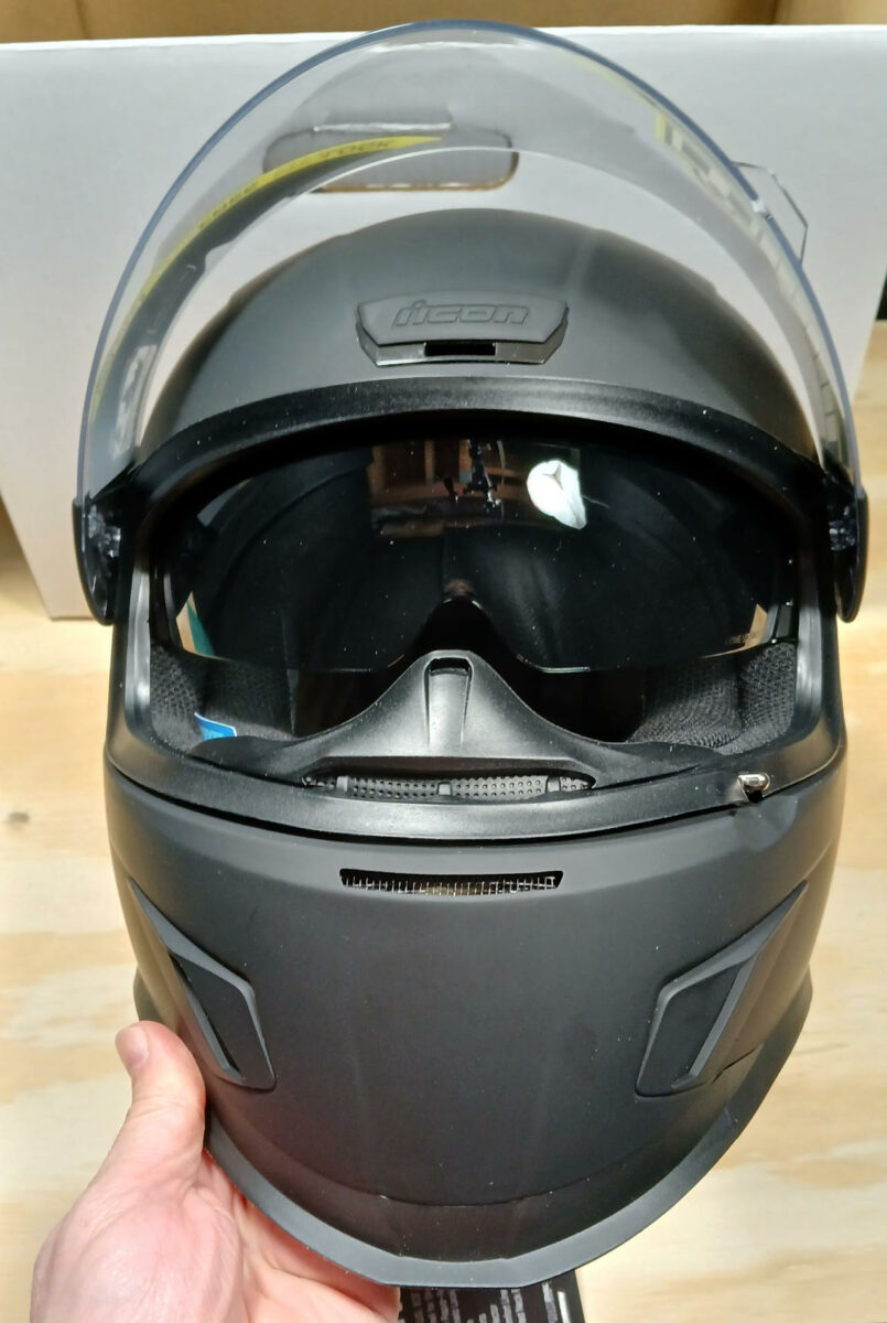 Icon AirForm Helmet with sunglasses down.